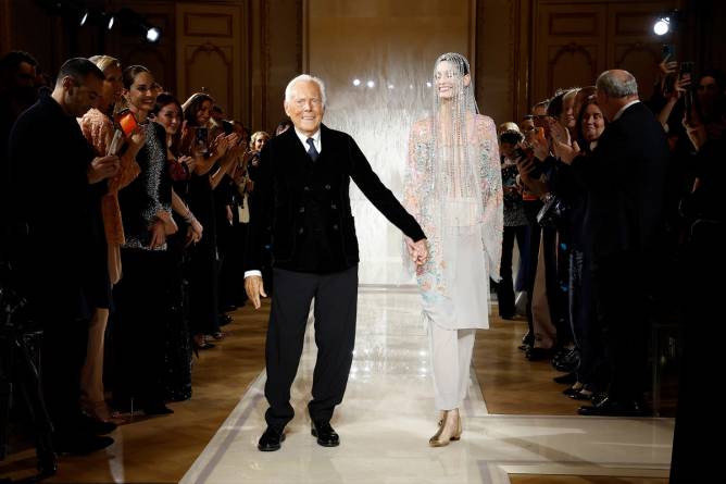 Fashion designer Giorgio Armani walks the runway during the Giorgio Armani Privé Haute Couture Spring-Summer 2025 show as part of Paris Fashion Week on January 28, 2025 in Paris, France.