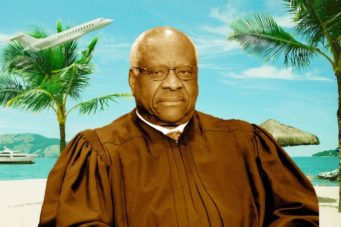 Clarence Thomas in front of a vacation background