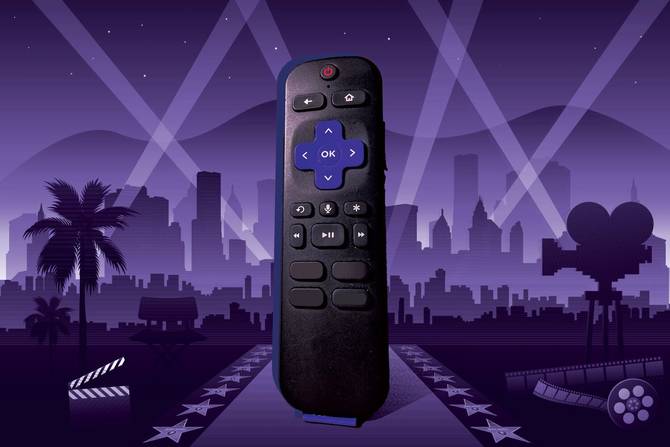 a purple image featuring a Roku remote and a Hollywood background