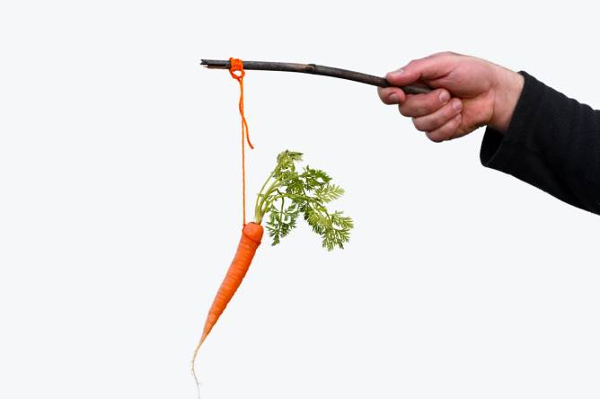 The arm of a businessman dangling a stick with a carrot hanging from it