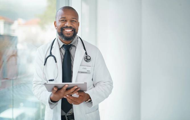 A Black doctor smiles and holds a tablet.