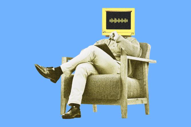 Old computer monitor over a figure's head with an audio wave icon displayed.