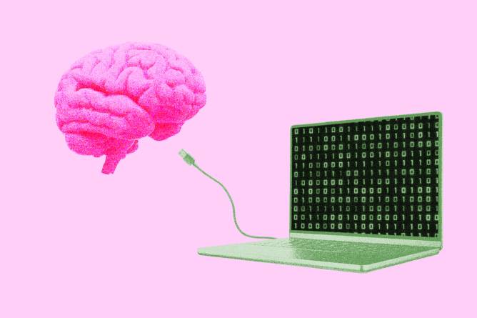 Brain connected to a laptop with binary code on the screen