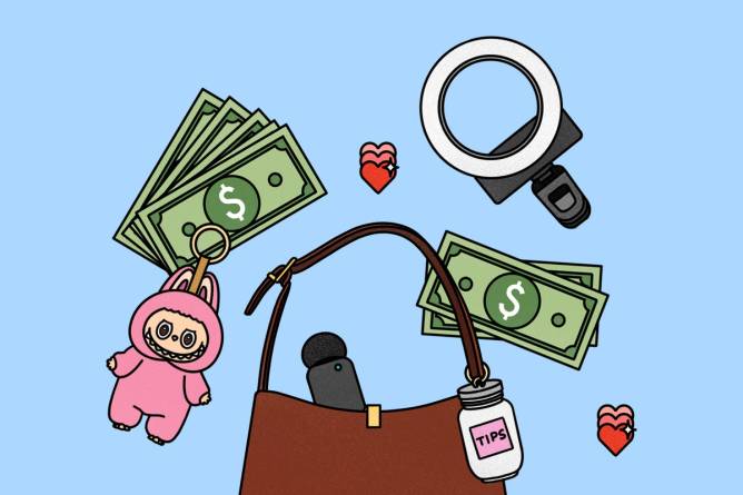 An illustration with a ring light, labubu, a bag and a tip jar