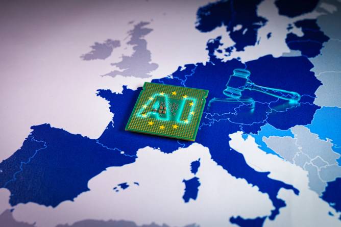 A map of Europe with a chip reading "AI" and a gavel superimposed.