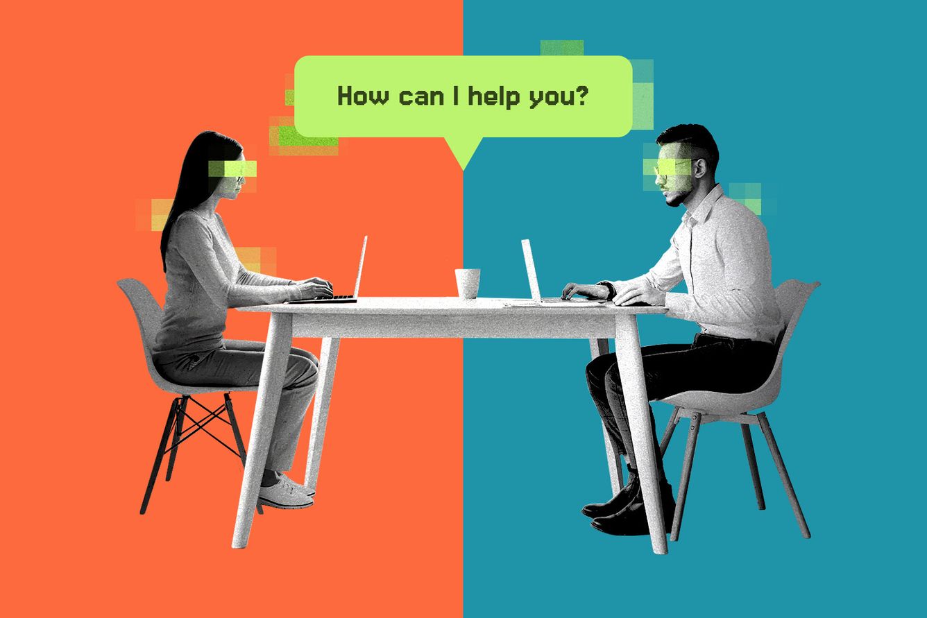Two people sit across from each other at desks, separated by chatbot text