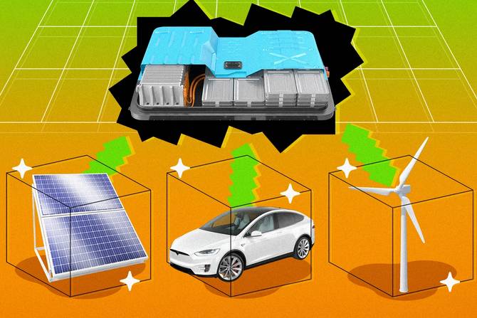 a battery powering a car, solar panel, and wind turbine