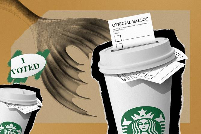 A Starbucks cup is stuffed full of union voting ballots.