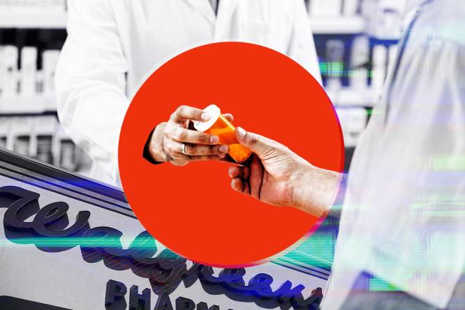 Two pharmacists hold an orange pill bottle, which has a red graphic circle around the bottle.