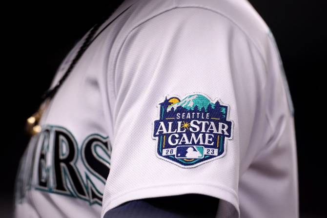 patch on baseball jersey promoting 2023 MLB All-Star Game