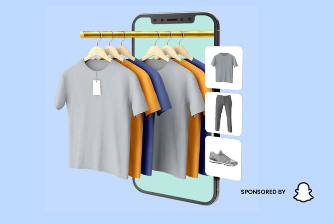 Image of clothing rack coming out of an iPhone, on a blue background