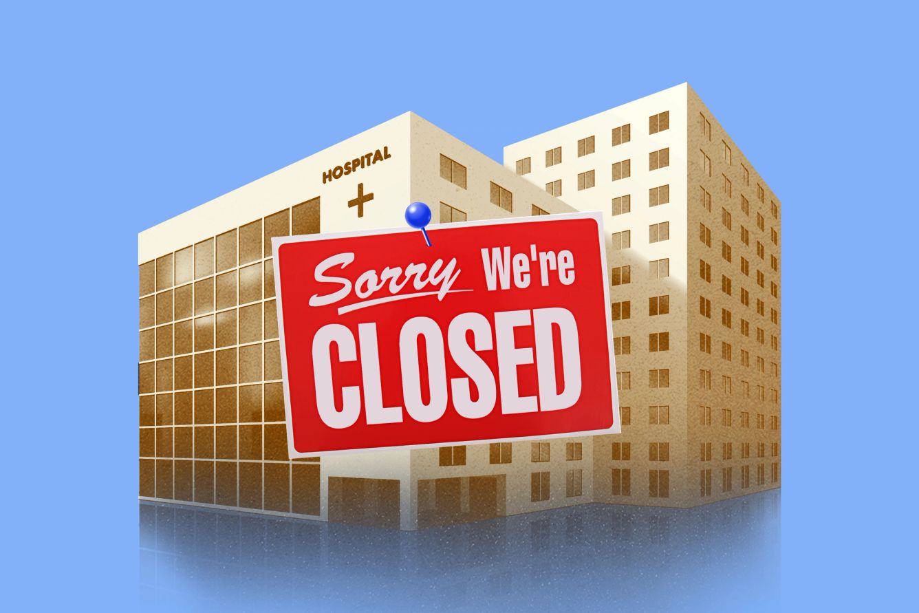 Illustration of a hospital with a "sorry we're closed" sign in front of it
