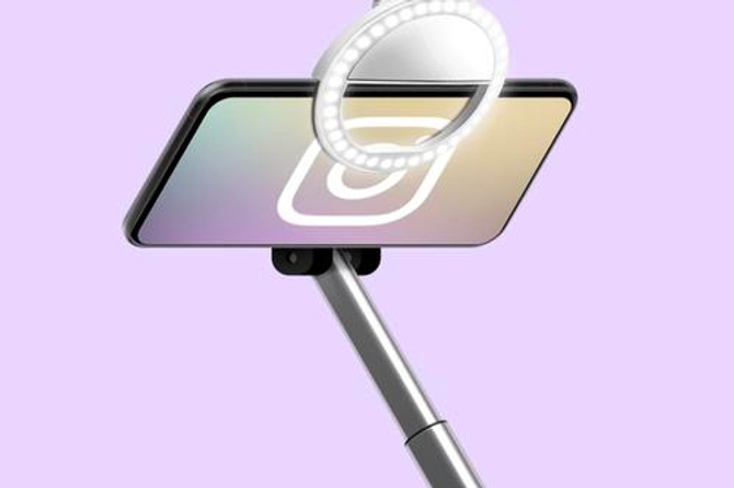 an image of Instagram with a selfie stick on a purple background
