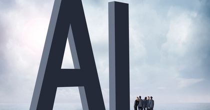 Giant “AI” letters towering over a group of business people with clouds in the background
