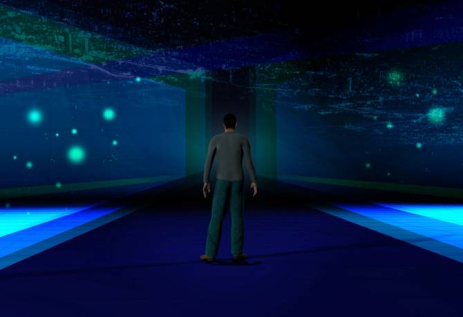 An avatar at the entrance to the metaverse.