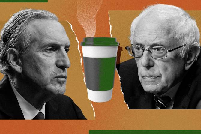 Howard Schultz and Bernie Sanders staring at each other with coffee cup in center