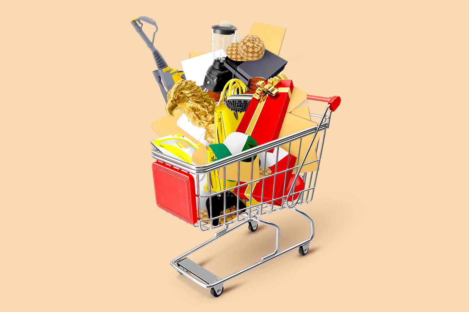 Shopping cart with holiday decorations and packages