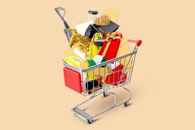 Shopping cart full of holiday items.