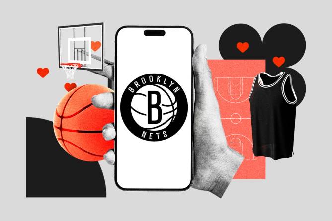 Hand holding phone with Brooklyn Nets logo and a collage of basketball items.