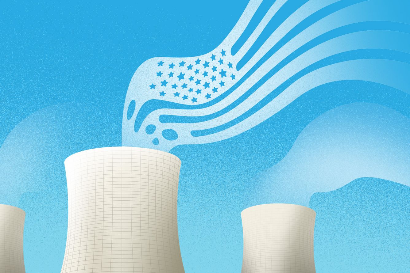 Nuclear power plant smokestacks emitting us flag