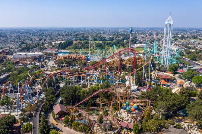 An aerial view of Knott's Berry Farm, which is closed due to the coronavirus pandemic, on Tuesday, Oct. 20, 2020 in Buena Park, CA