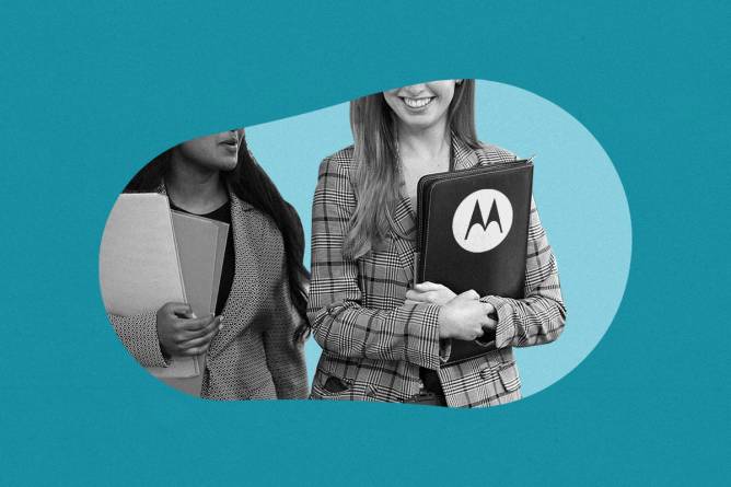 Corporate workers with the Motorola logo.