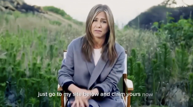 A still from a Jennifer Aniston deepfake scam