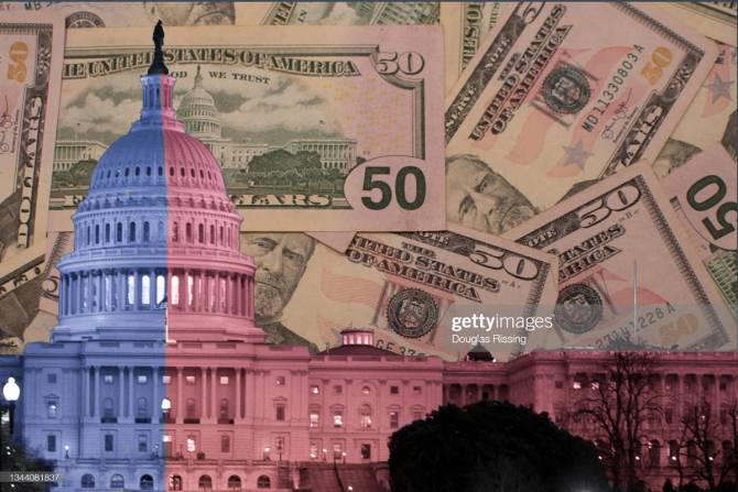 Capitol Building divided blue red with dollars in background