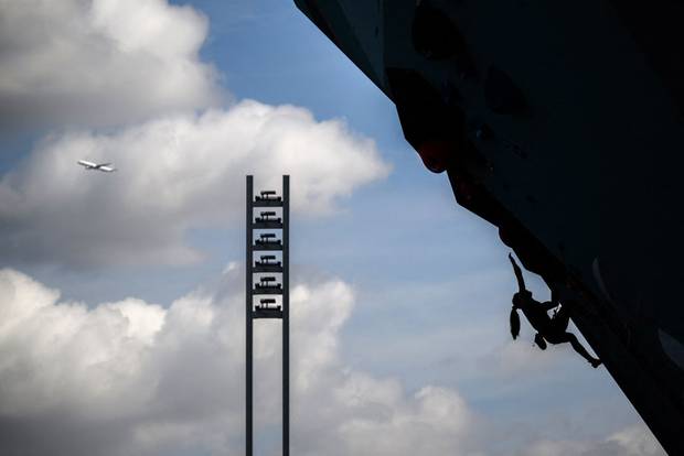 US' Natalia Grossman competes in the women's sport climbing lead semi-final during the Paris 2024 Olympic Games at Le Bourget Sport Climbing Venue