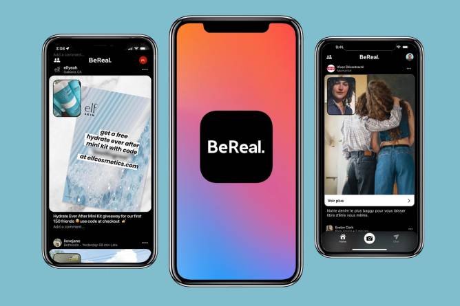 three mobile phone screens featuring brand posts on BeReal and the BeReal logo