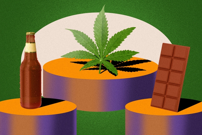 A marijuana leaf o a podium above chocolate and beer