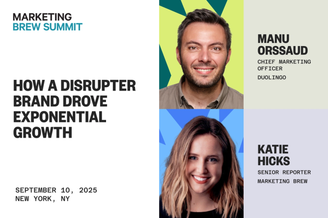Duolingo CMO Manu Orssaud and Marketing Brew senior reporter Katie Hicks in a promo for the Marketing Brew summit on September 10