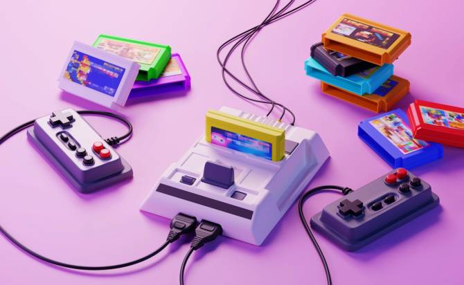 retro video game controllers and game cartridges photographed in front of a purple-pink background.