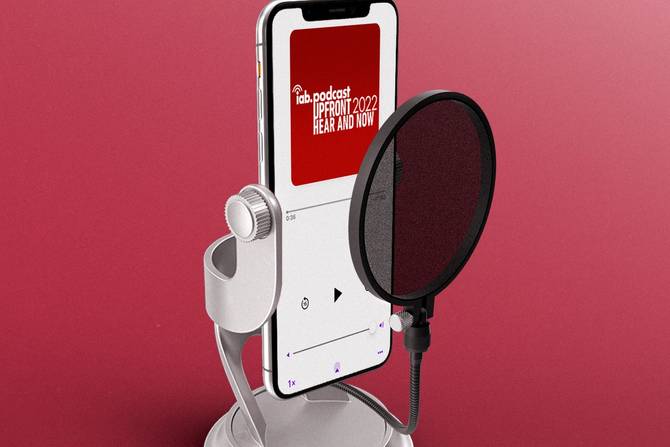 the IAB 2022 Podcast Upfront image on a phone 