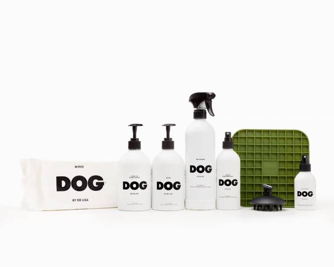 Dog by Dr. Lisa products lined up on a white background.