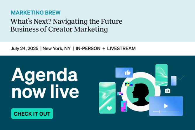 a graphic promoting the live agenda for Marketing Brew's event What's Next? Navigating the Future Business of Creator Marketing 