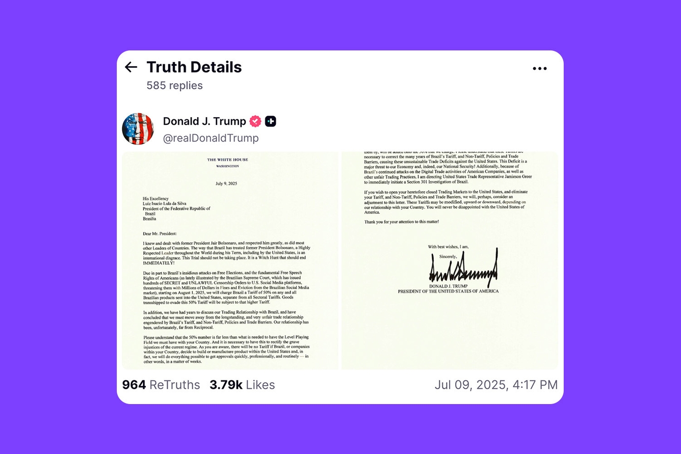 Donald Trump's Truth Social post featuring his letter threatening a 50% tariff on Brazil