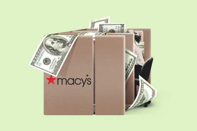 Graphic of a Macy's employee at a cubicle with money hanging out of it