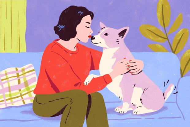 An illustration of a woman cuddling a dog on a couch