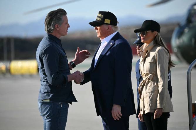 governor gavin newsom, president donald trump, and first lady melania trump meet on the tarmac in california