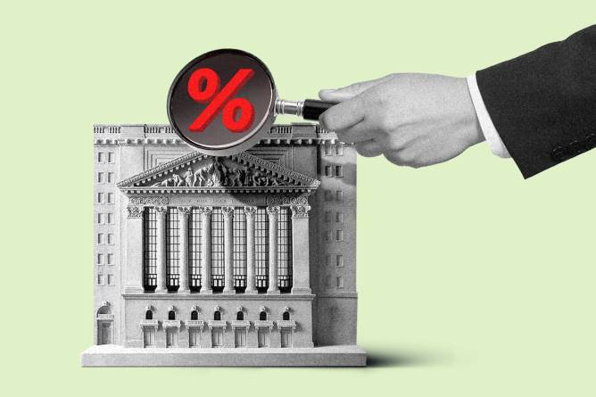 Graphic of the New York Stock Exchange under a magnifying glass