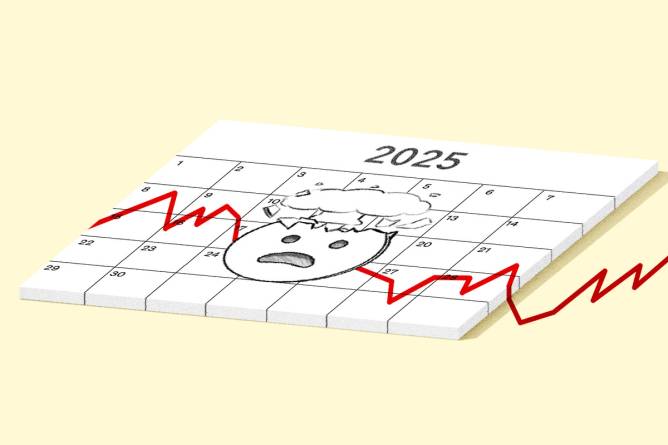 A 2025 calendar with an exploding brain emoji and a graph flowing off the page