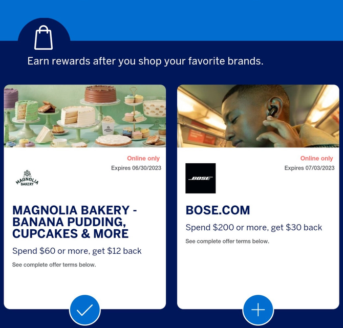 Two credit card cashback offers from American Express, one from Magnaolia Bakery and the other from Bose. 