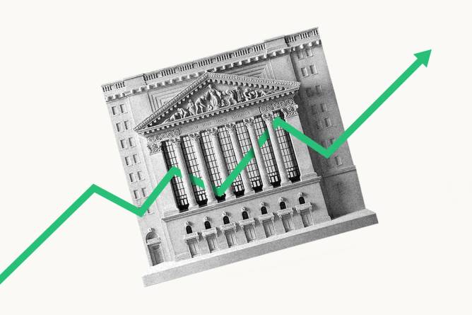 NYSE building tilted with green graph arrow going up.