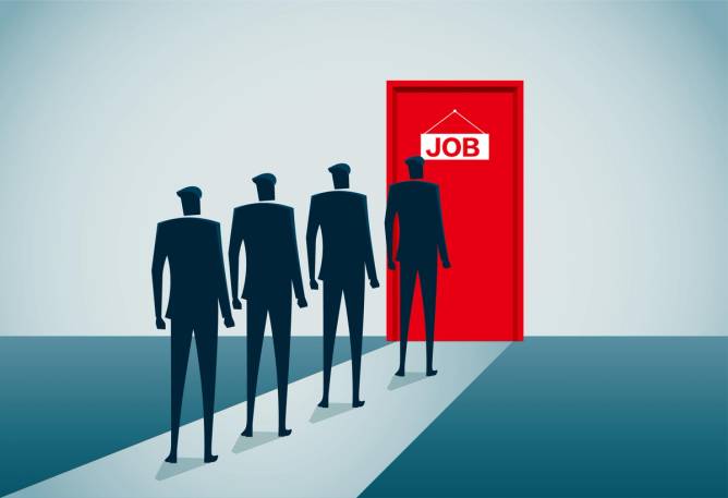 Four cartoon employees lined up at a red door with a sign that says "JOB"