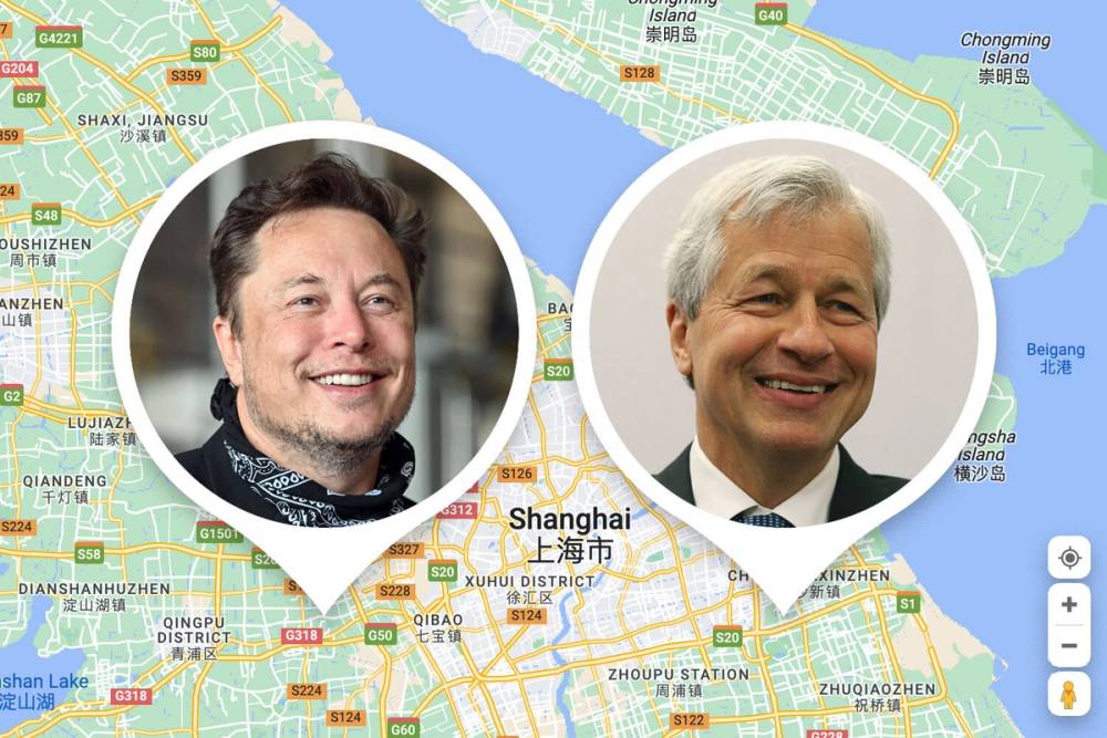 Pins with photos of Elon Musk and Jamie Dimon in the style of Find My Friends hovering over a map of Shanghai 