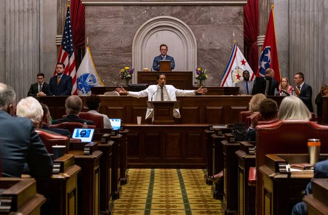 Democratic state Rep. Justin Jones of Nashville speaks prior to a vote on his expulsion from the legislature at the State Capitol Building
