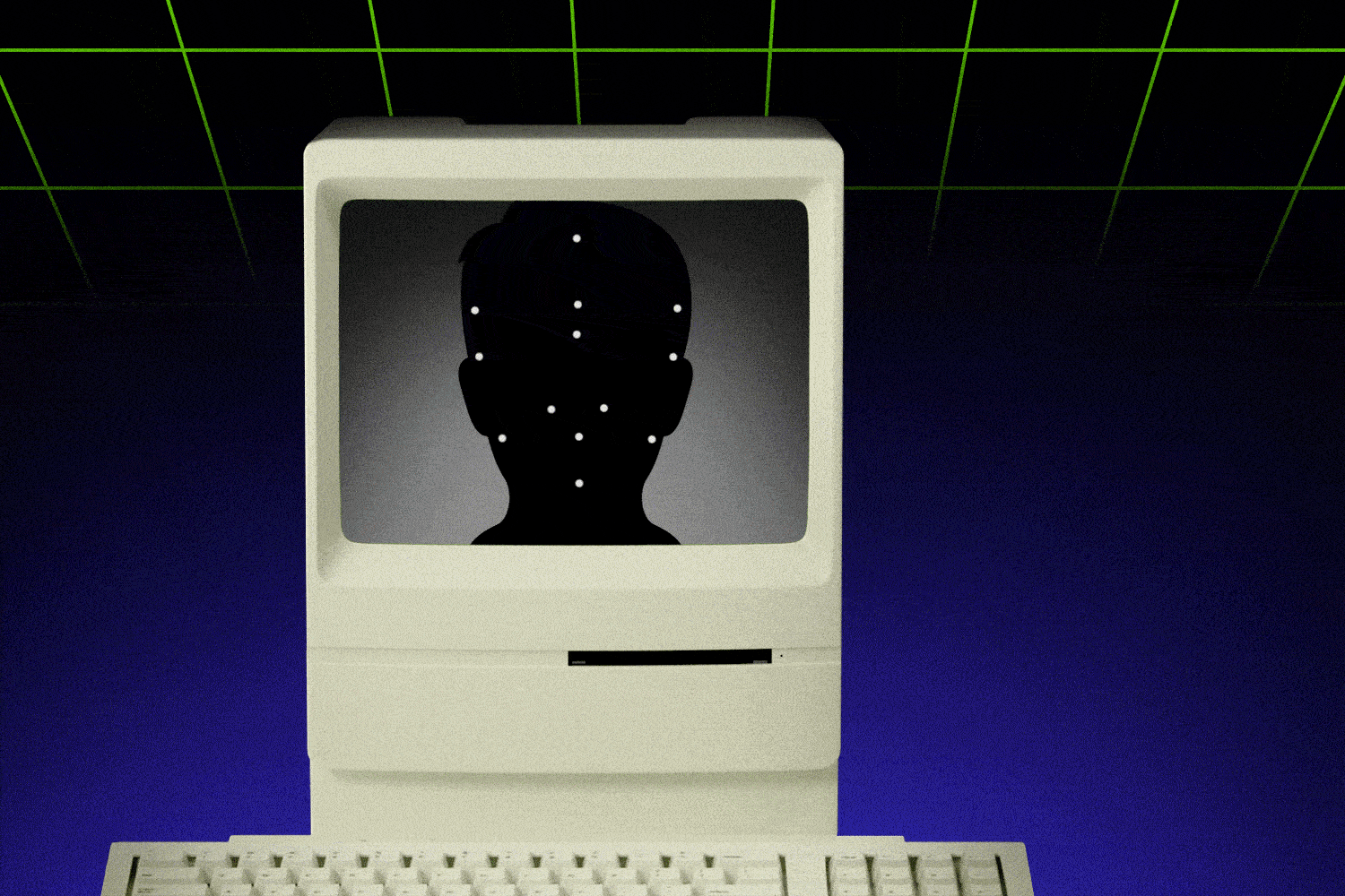 A retro computer scanning someone’s face to verify their identity