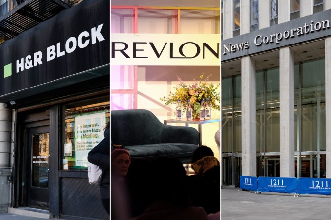 Tri-split image of H&R Block, Revlon, and News Corporation. (Credit: Michael M. Santiago, Dave Benett, Erik McGregor/Getty Images)