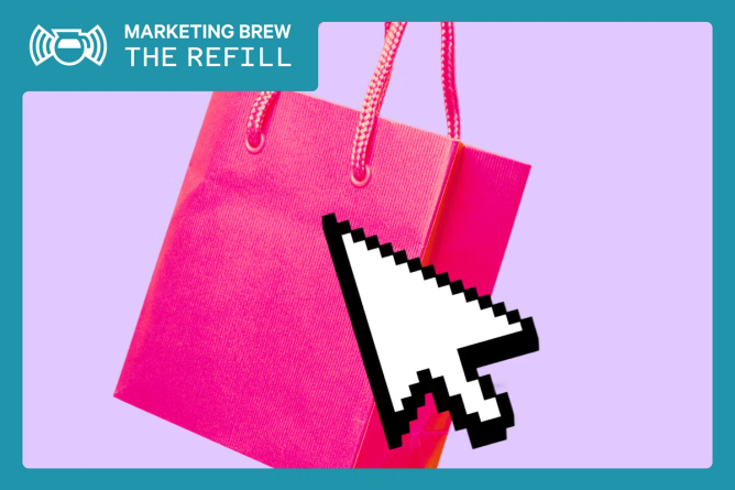 A retail shopping bag with a computer mouse hovering over it